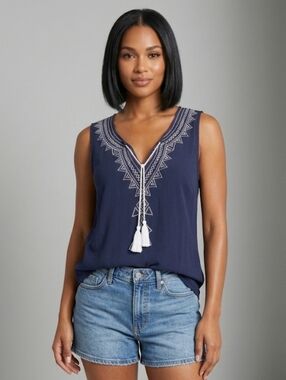 San Francisco Navy Bohemian Embroidered Tassel Tunic Top Size M